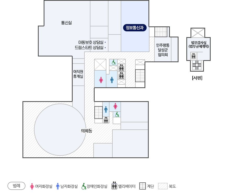 청사안내도 4층-정보통신과,아동보호 상담실/드림스타트 상담실,민주평통 달성군협의회, 여직원 휴게실, 본회의장, 부의장실, 부속실, 의장실 (범례-여자화장실, 남자화장실, 장애인화장실, 엘리베이터, 계단, 복도)