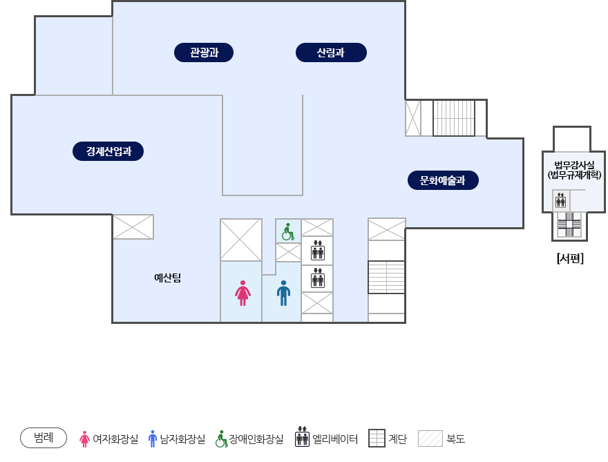 청사안내도 5층-관광과,문화예술과,일자리경제과,정책추진단, 예산작업실