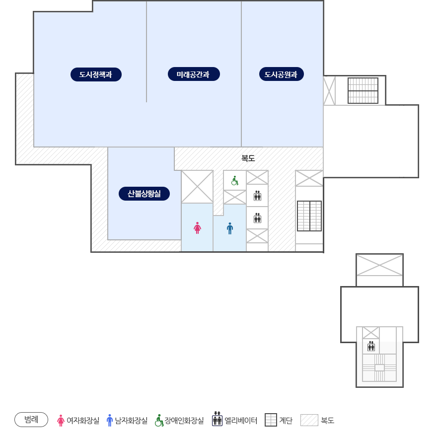 청사안내도 6층-공원녹지과, 공공시설과, 도시계획과, 산불상황실, 예산작업장, (범례-여자화장실, 남자화장실, 장애인화장실, 엘리베이터, 계단, 복도)