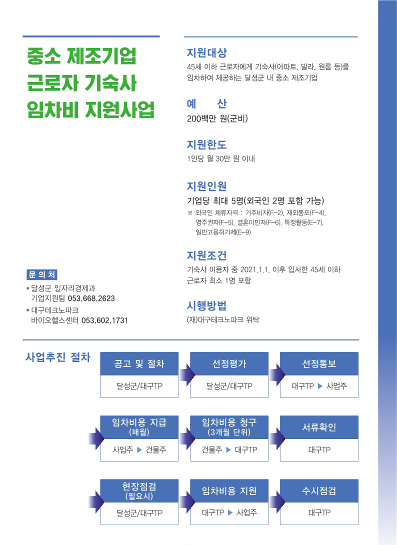 중소 제조기업 근로자 기숙사 임차비 지원사업